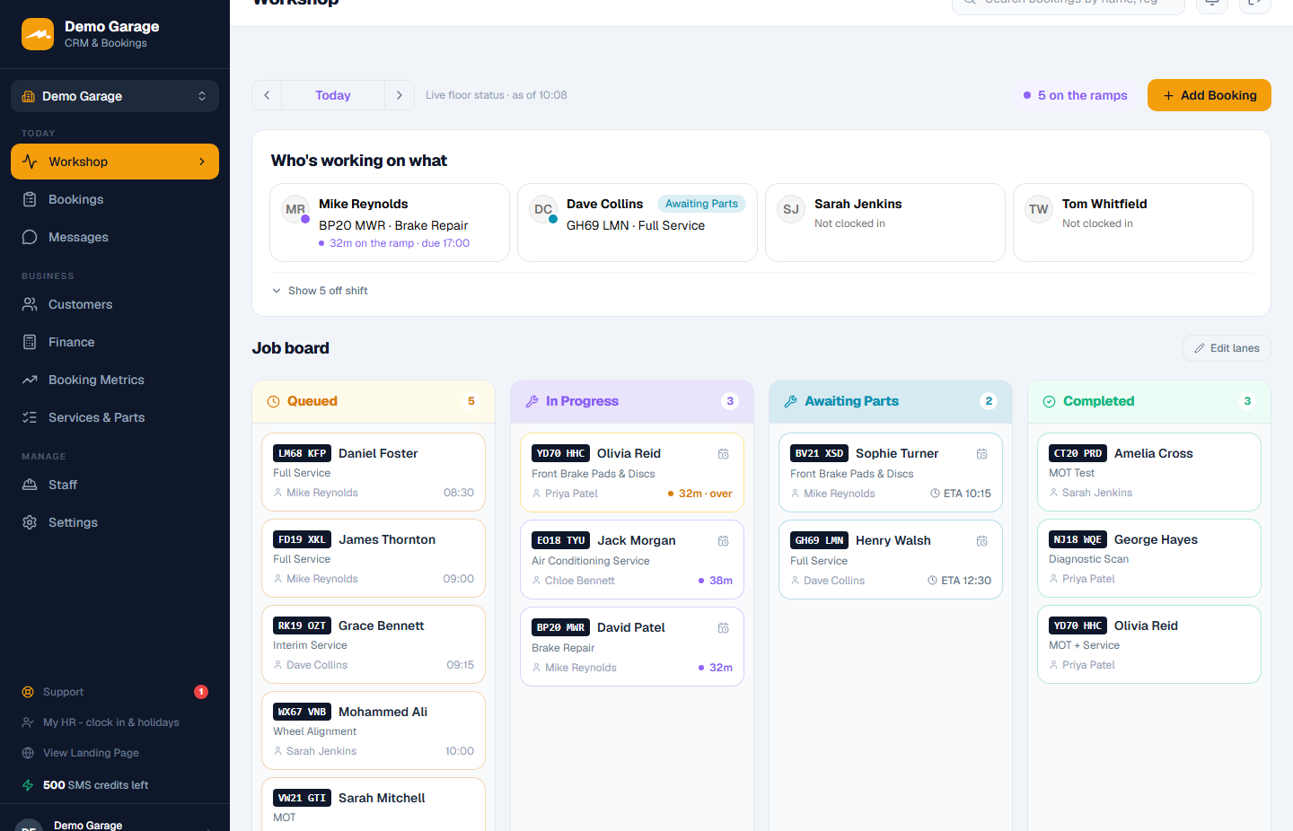 Motion Bookings live workshop board showing jobs queued, in progress, awaiting parts and completed